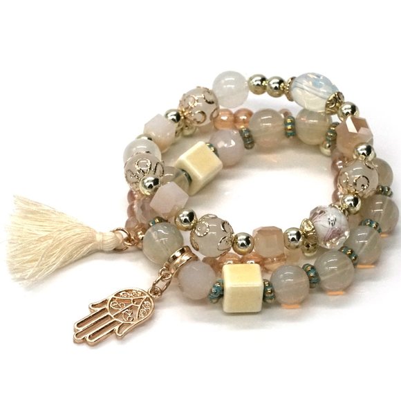 My Bead Emporium Jewelry - Bracelet Three Strands Beads Hamsa Charm Tassel OS.